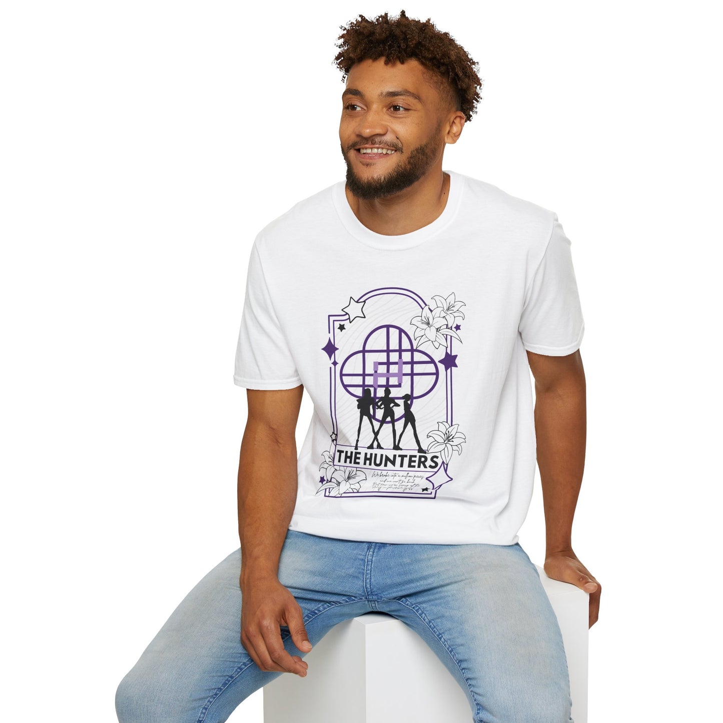 KPOP-inspired Huntrix tarot card t-shirt featuring Huntrix as The Hunters. Perfect for fans of KPOP, tarot, and unique fashion.