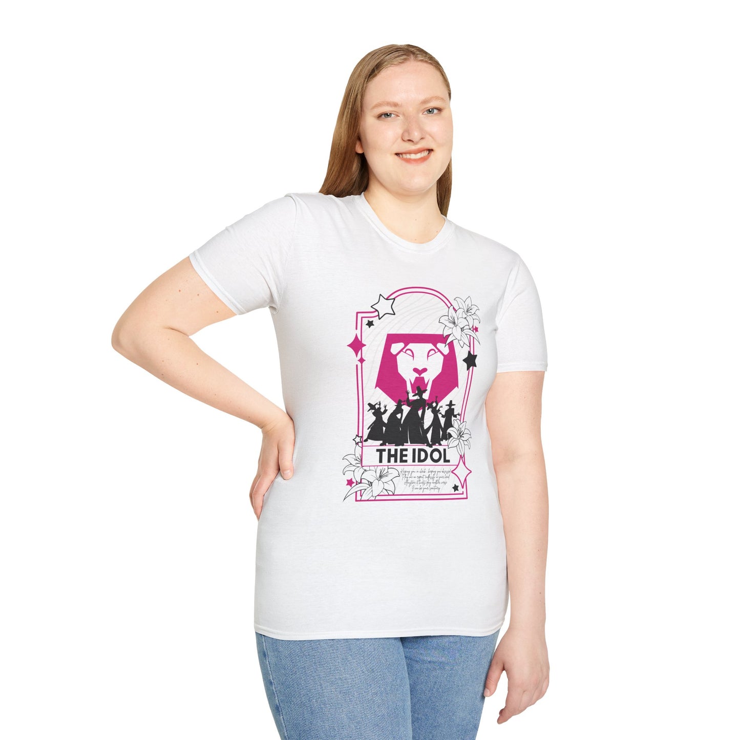 KPOP-inspired Saja Boys tarot card t-shirt featuring the Saja Boys as The Idol. Perfect for fans of KPOP, tarot, and unique fashion.