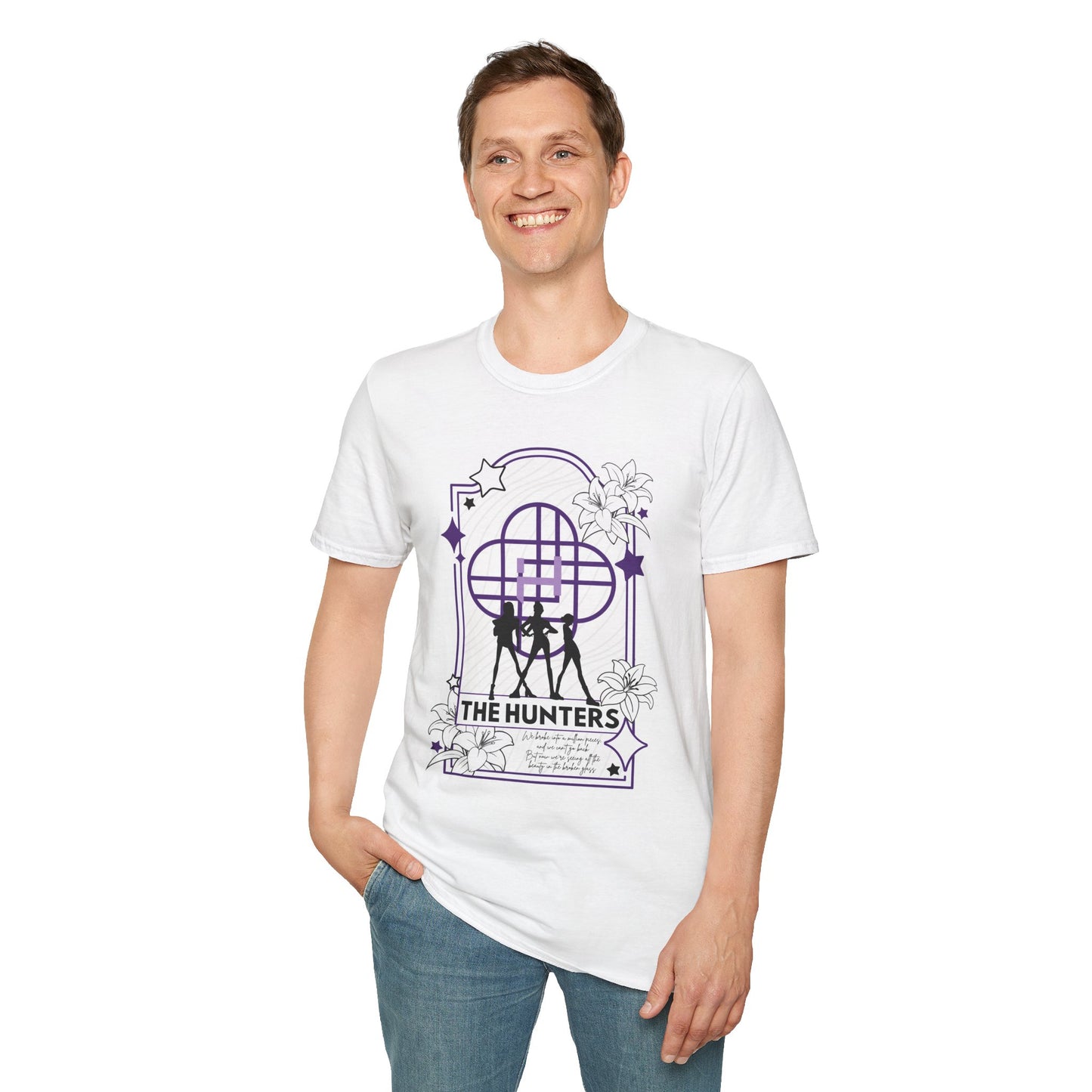 KPOP-inspired Huntrix tarot card t-shirt featuring Huntrix as The Hunters. Perfect for fans of KPOP, tarot, and unique fashion.