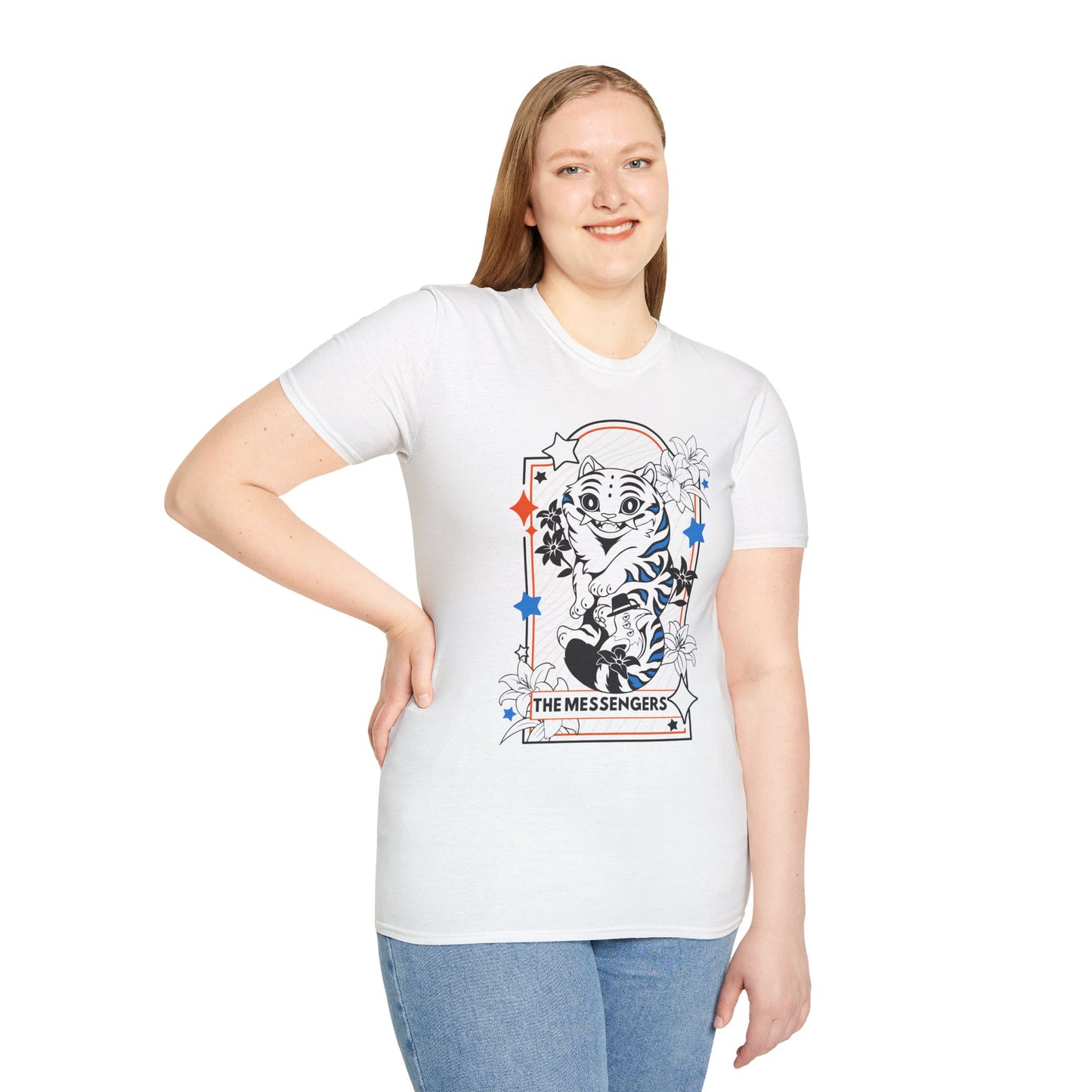 White Unisex T-shirt featuring Derpy Tiger from KPOP Demon Hunters as a Tarot Card. Perfect mashup tee for KDH and tarot lovers alike.