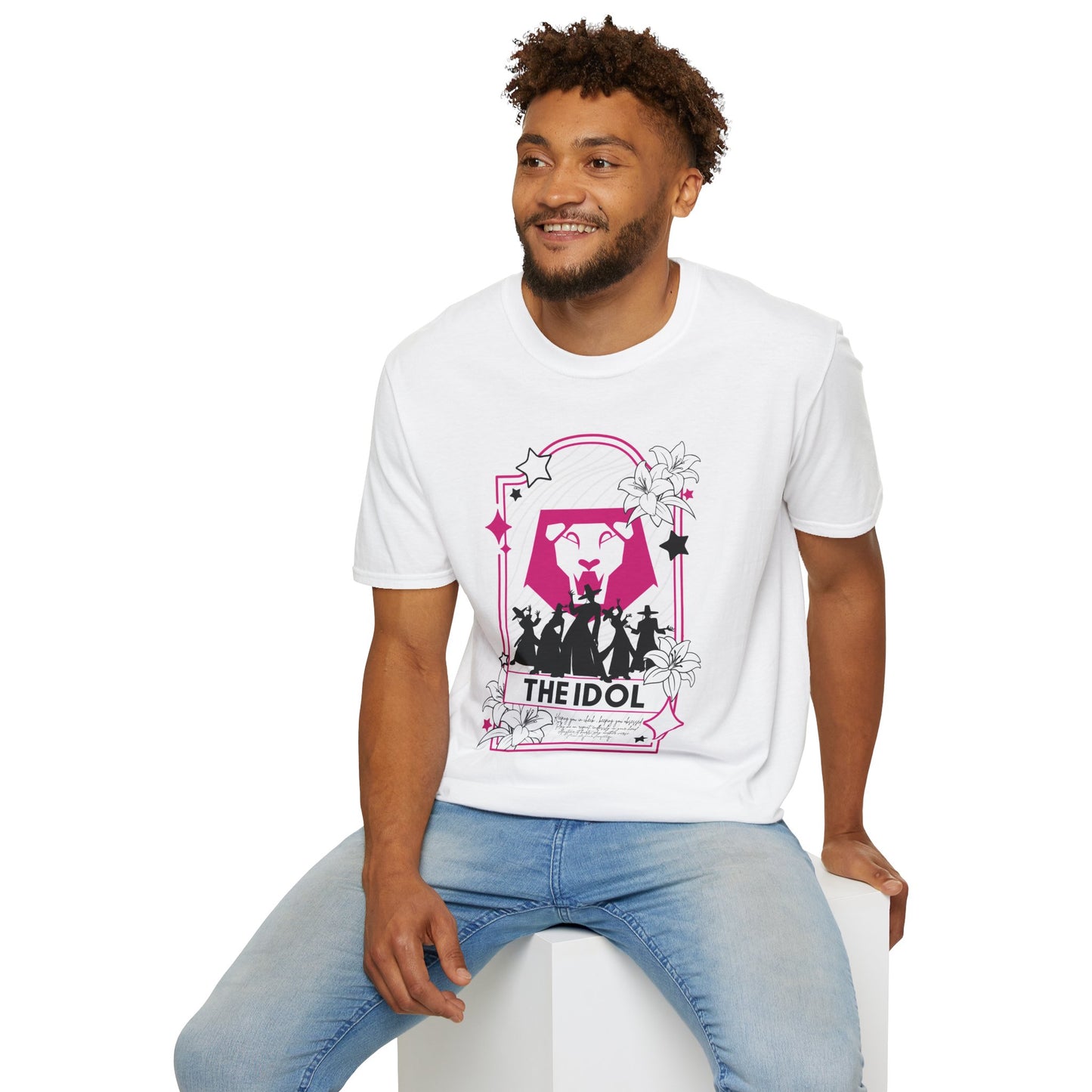 KPOP-inspired Saja Boys tarot card t-shirt featuring the Saja Boys as The Idol. Perfect for fans of KPOP, tarot, and unique fashion.
