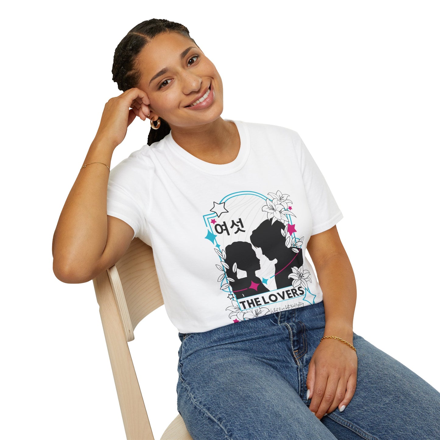 KPOP-inspired Lovers tarot card t-shirt featuring Rumi and Jinu in a mystical, romantic design. Perfect for fans of KPOP, tarot, and unique fashion