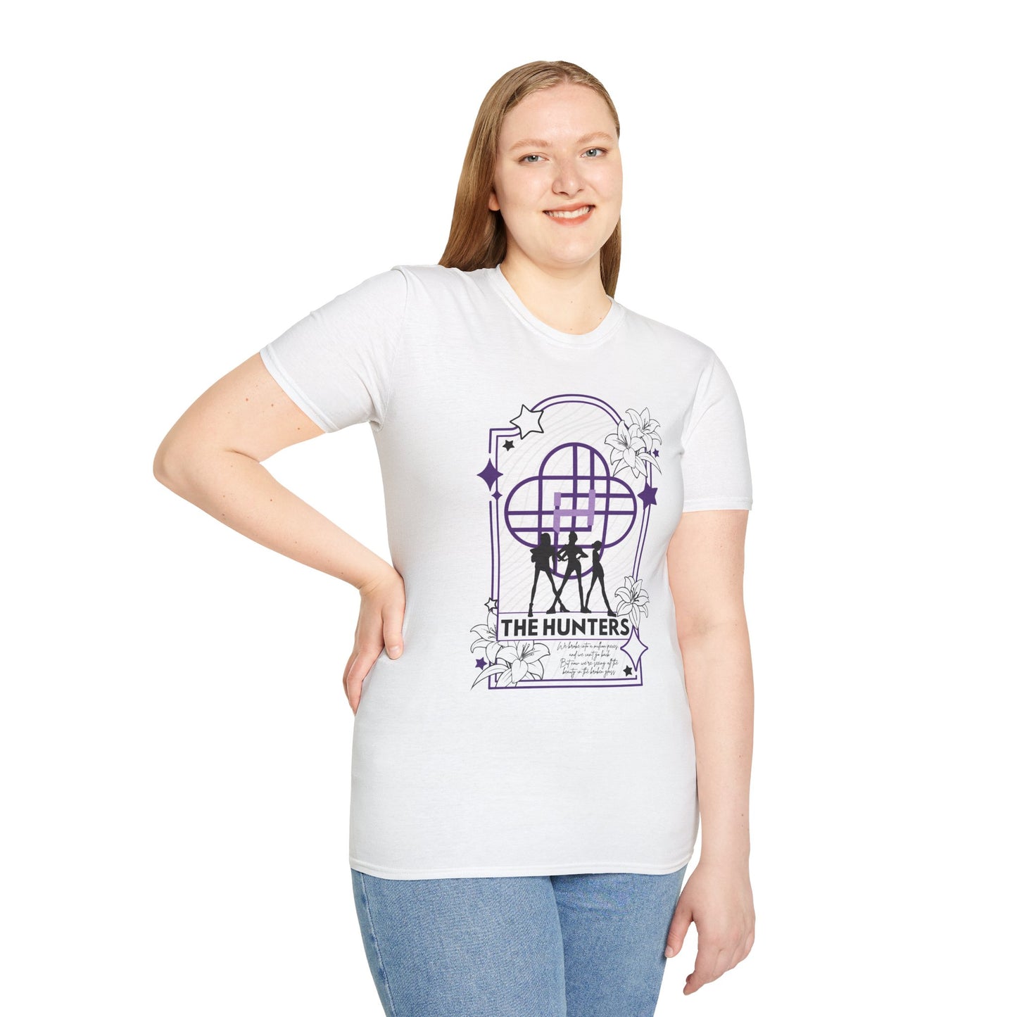 KPOP-inspired Huntrix tarot card t-shirt featuring Huntrix as The Hunters. Perfect for fans of KPOP, tarot, and unique fashion.