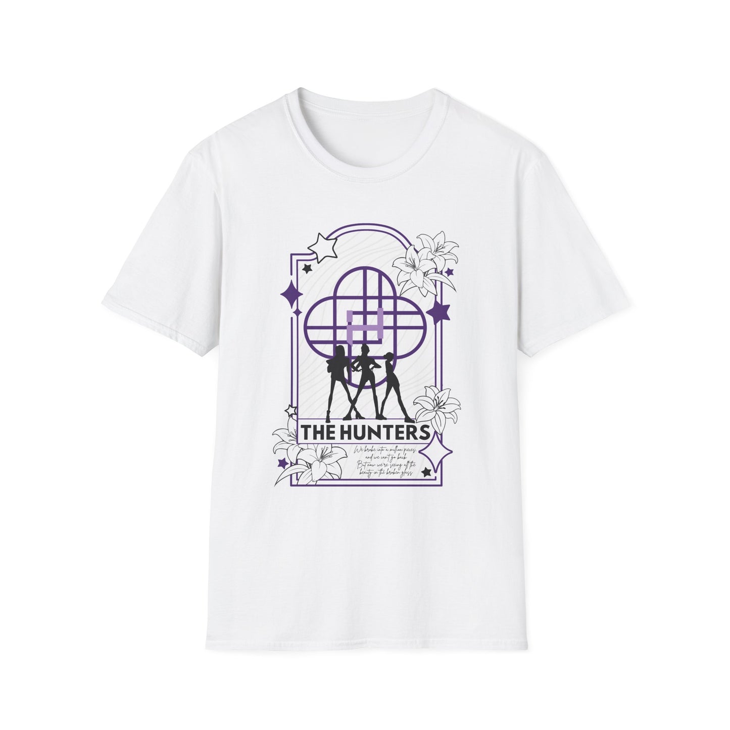 KPOP-inspired Huntrix tarot card t-shirt featuring Huntrix as The Hunters. Perfect for fans of KPOP, tarot, and unique fashion.