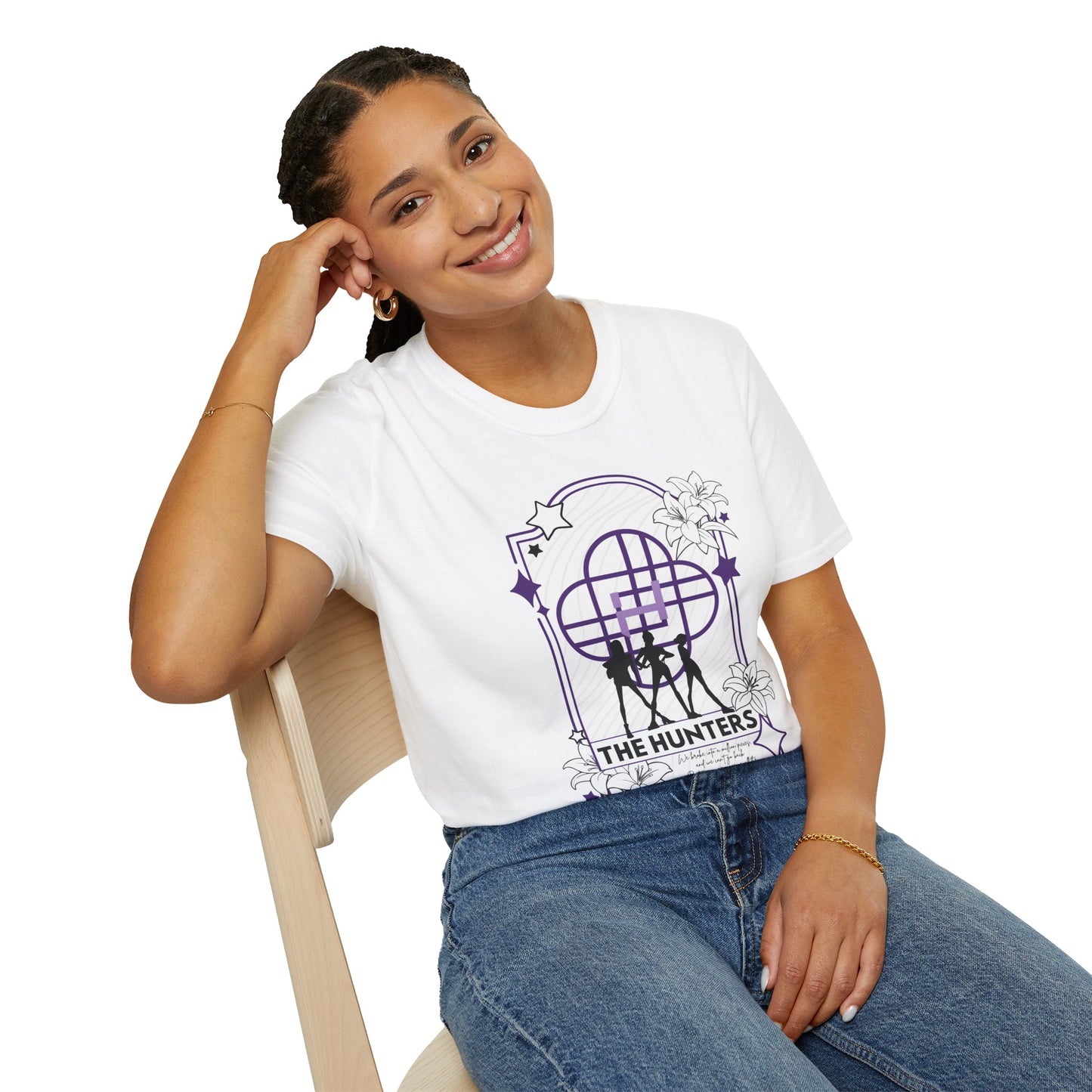 KPOP-inspired Huntrix tarot card t-shirt featuring Huntrix as The Hunters. Perfect for fans of KPOP, tarot, and unique fashion.