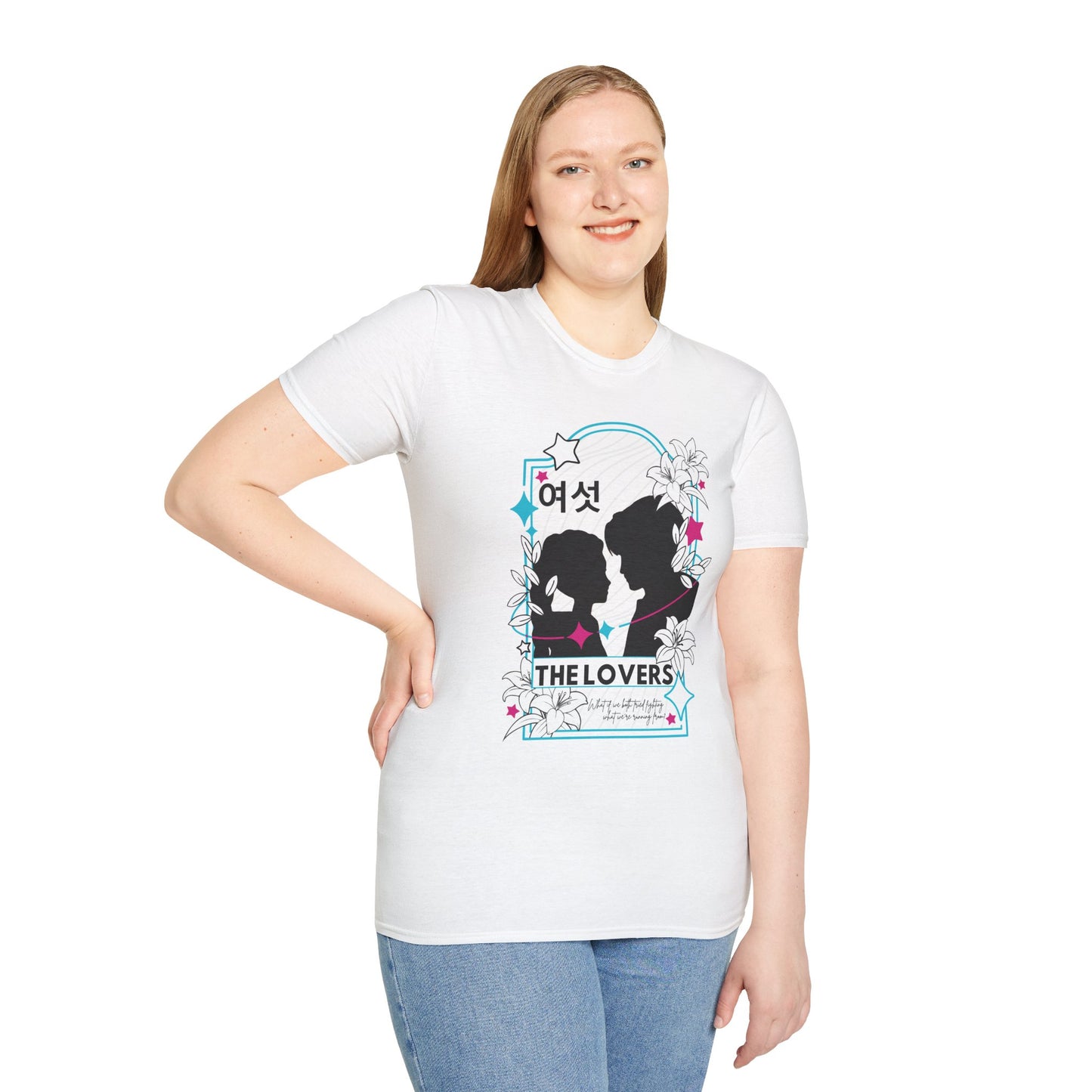 KPOP-inspired Lovers tarot card t-shirt featuring Rumi and Jinu in a mystical, romantic design. Perfect for fans of KPOP, tarot, and unique fashion