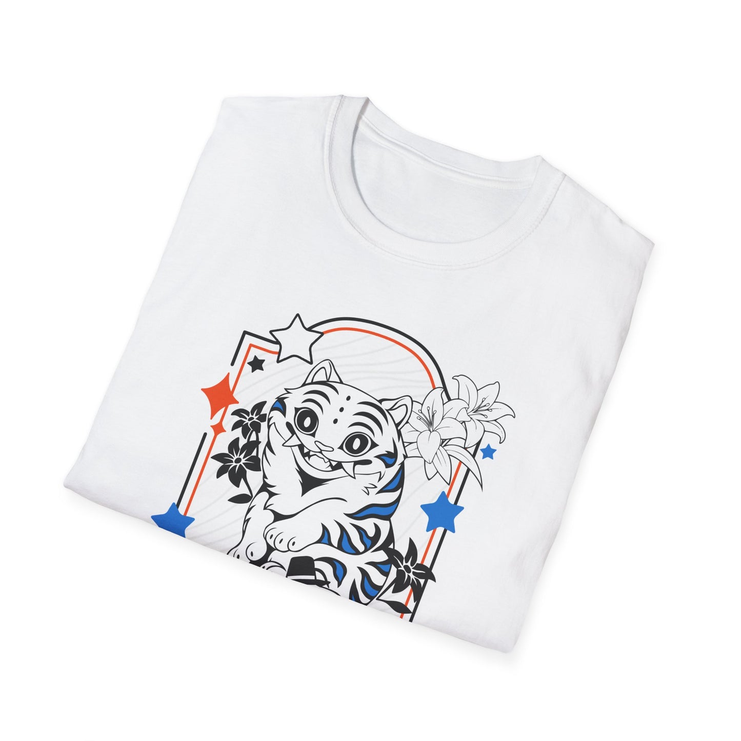 White Unisex T-shirt featuring Derpy Tiger from KPOP Demon Hunters as a Tarot Card. Perfect mashup tee for KDH and tarot lovers alike.
