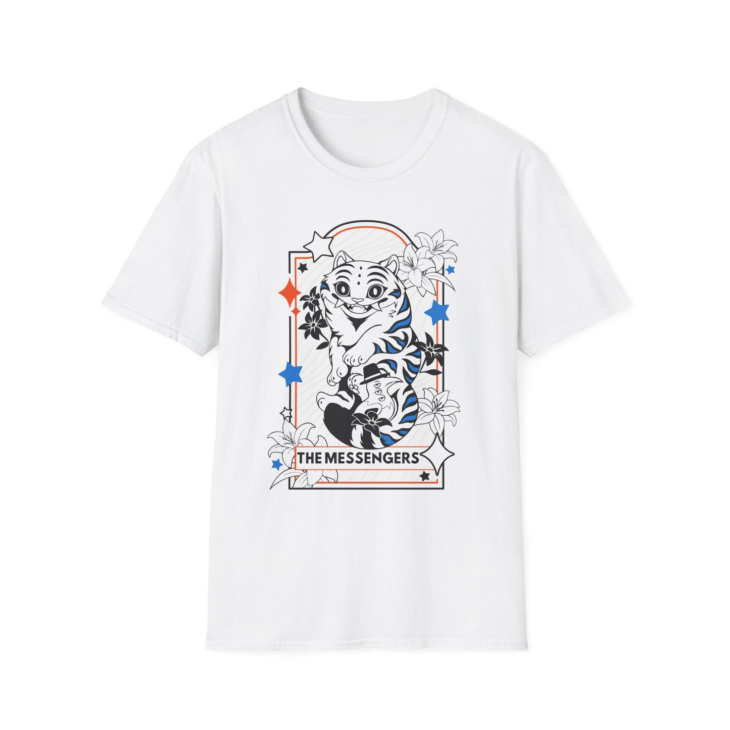 White Unisex T-shirt featuring Derpy Tiger from KPOP Demon Hunters as a Tarot Card. Perfect mashup tee for KDH and tarot lovers alike.