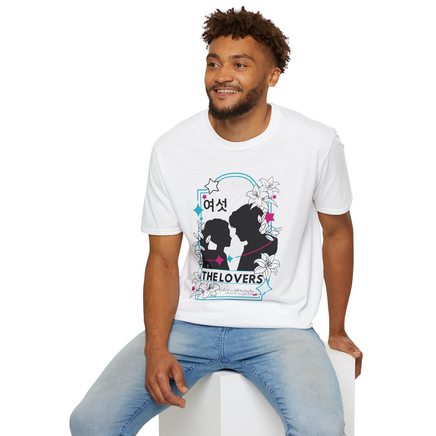 KPOP-inspired Lovers tarot card t-shirt featuring Rumi and Jinu in a mystical, romantic design. Perfect for fans of KPOP, tarot, and unique fashion