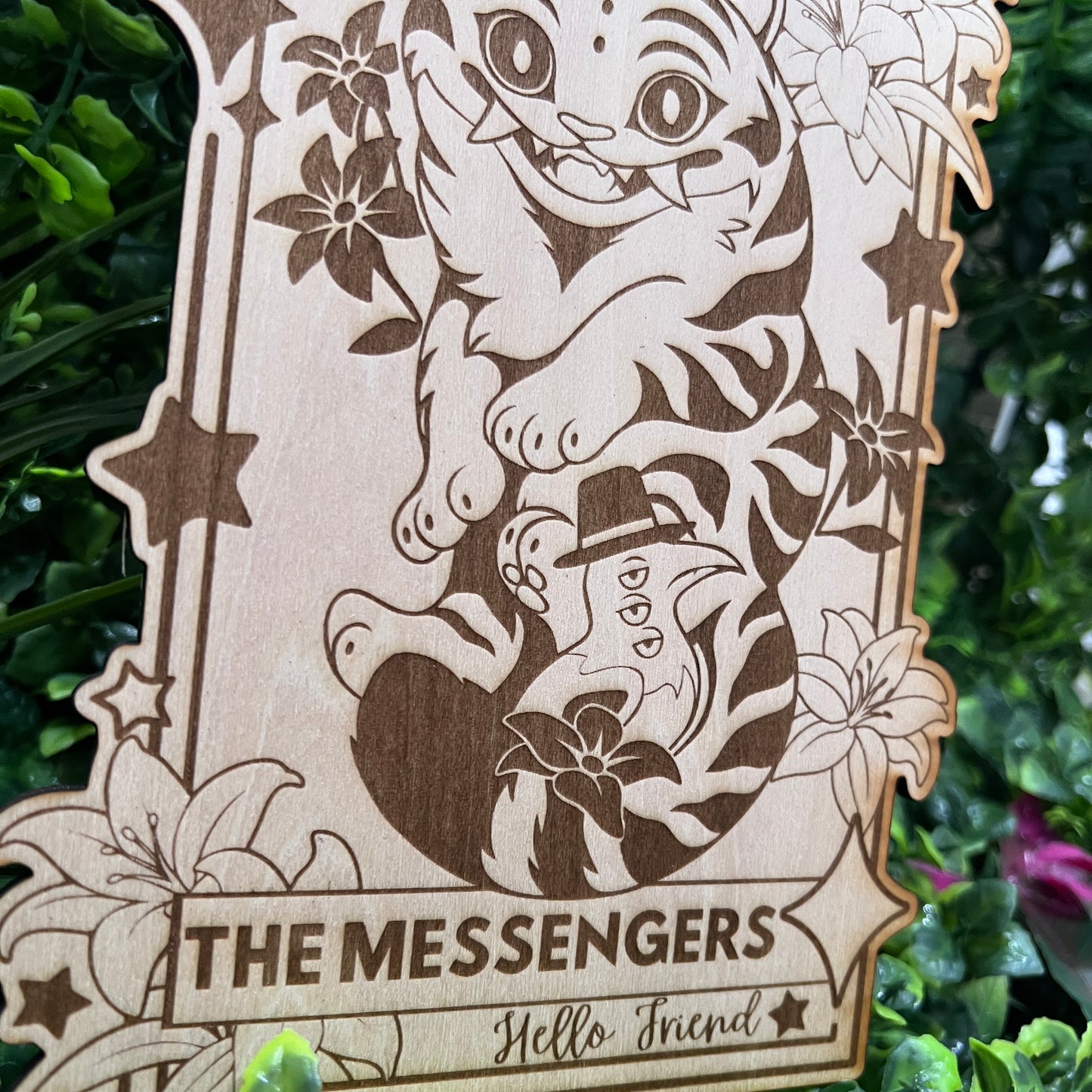 Wooden tarot card engraved with Derpy Tiger as The Messengers from KPOP Demon Hunters. Whimsical design with a magical, mystical twist.