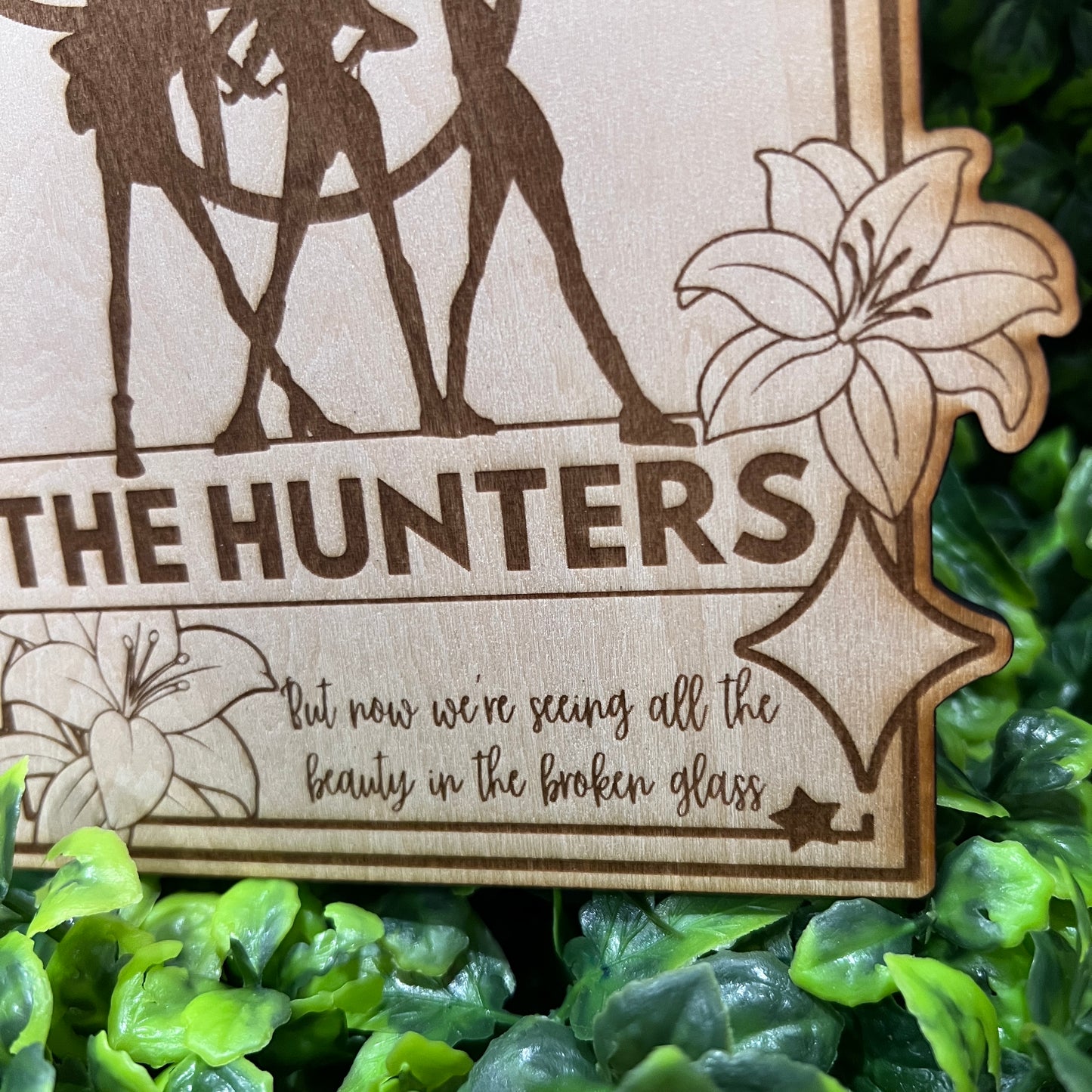 Laser engraved wood tarot card featuring Huntrix as The Hunters from KPOP Demon Hunters. A unique witchcore art piece for tarot and KPOP lovers alike.