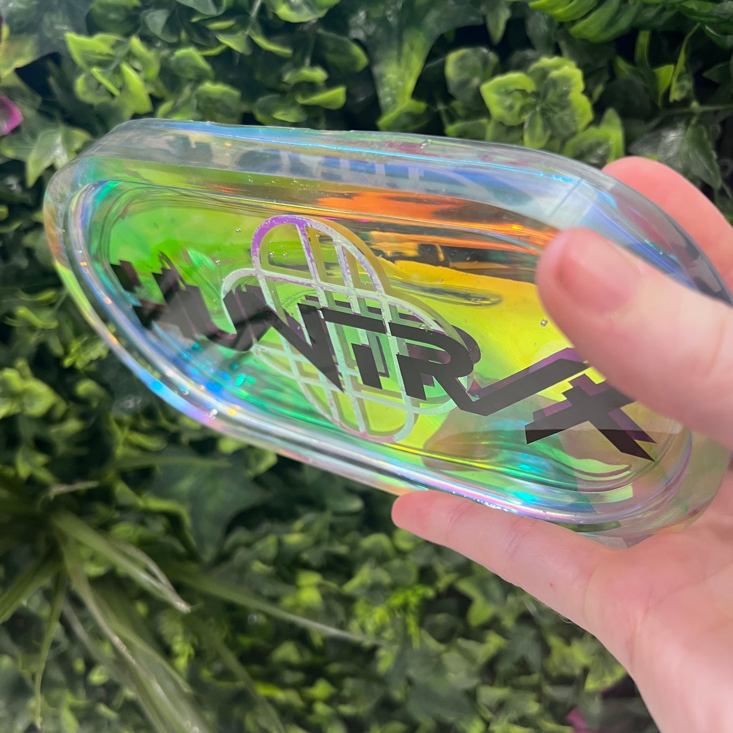 Handmade trinket tray featuring Saja Boys and Huntrix logos from KPOP Demon Hunters. Perfect for jewelry, small items, or decorative fandom display.