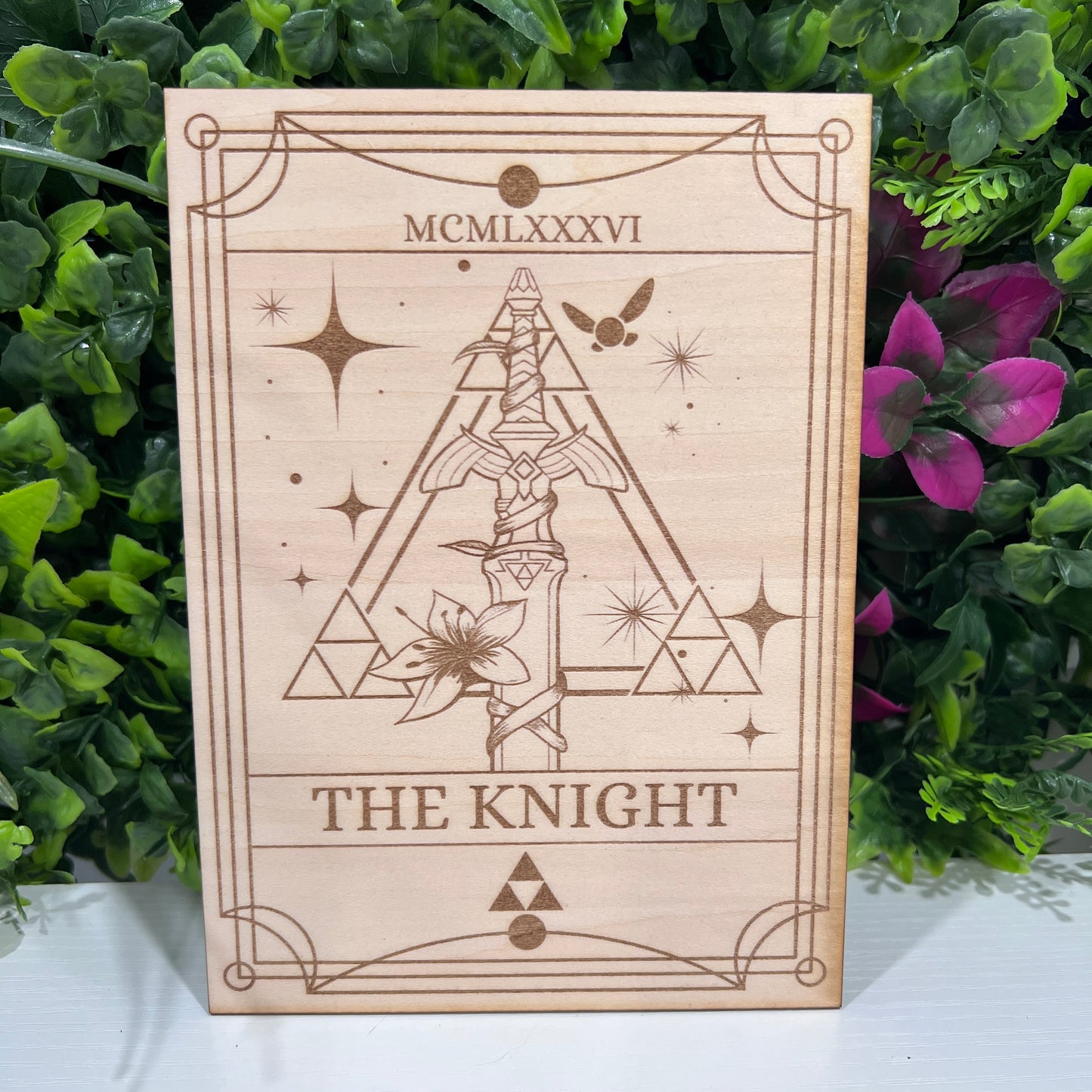 Wood laser engraved Zelda tarot card featuring intricate fantasy artwork. Perfect gamer collectible, geeky gift, or unique home decor piece.