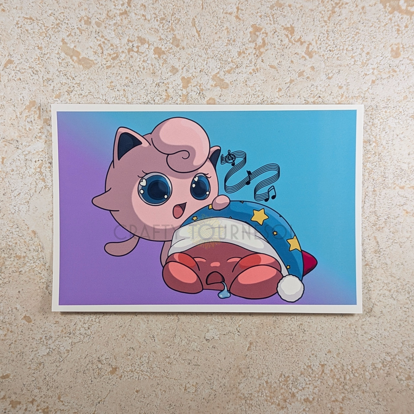 Digital fanart 4"x6" print with a smiling Jigglypuff singing a lullaby with floating music notes to a sleeping Kirby, who is asleep with his mouth open, drooling, and wearing a teal nightcap with yellow stars. Background is purple to teal gradient. Whimsically geeky mashup of Pokemon and Kirby!