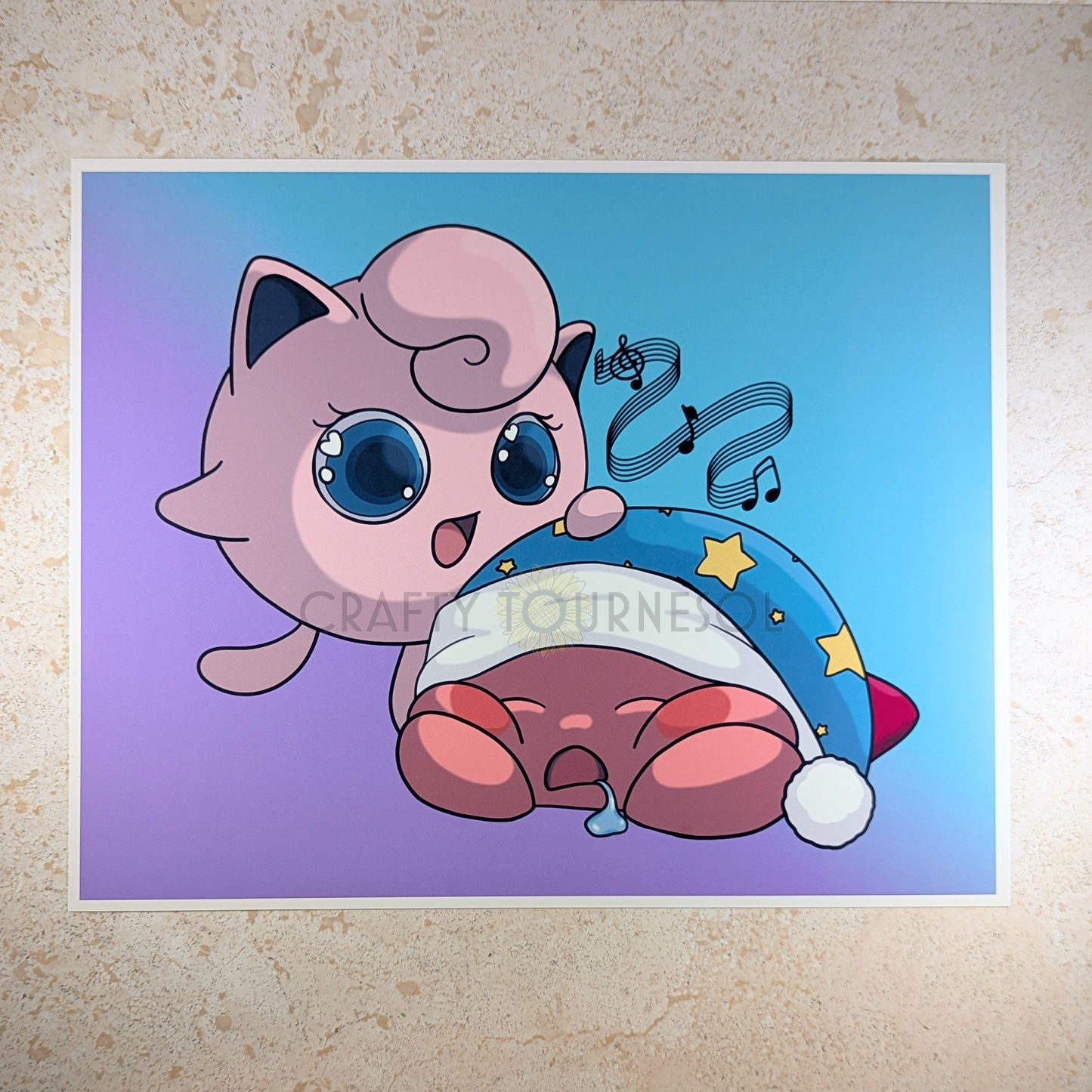 Digital fanart 8"x10" print with a smiling Jigglypuff singing a lullaby with floating music notes to a sleeping Kirby, who is asleep with his mouth open, drooling, and wearing a teal nightcap with yellow stars. Background is purple to teal gradient. Whimsically geeky mashup of Pokemon and Kirby!