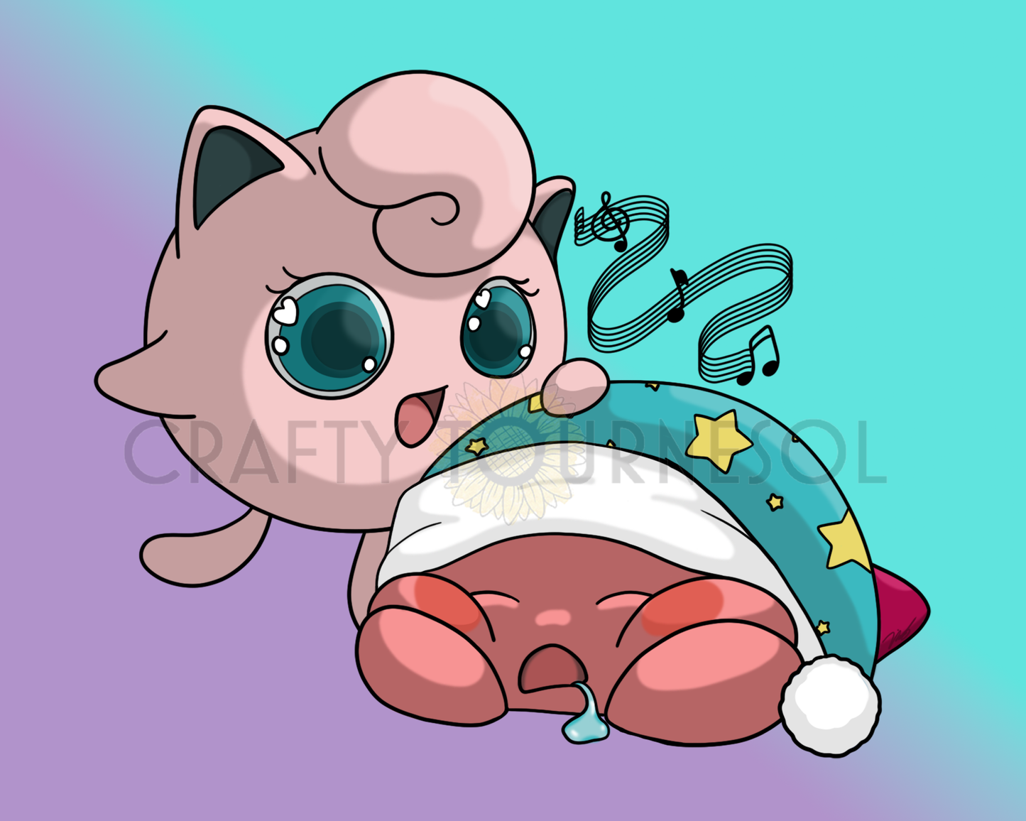 Digital fanart with a smiling Jigglypuff singing a lullaby with floating music notes to a sleeping Kirby, who is asleep with his mouth open, drooling, and wearing a teal nightcap with yellow stars. Background is purple to teal gradient. Whimsically geeky mashup of Pokemon and Kirby!
