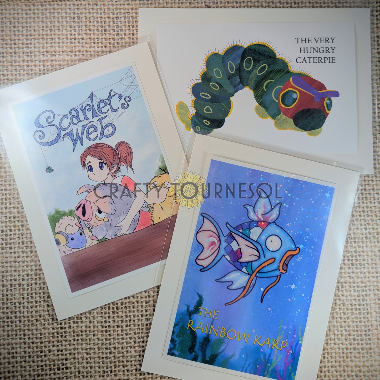 Three 4x6 fanart prints inspired by Pokemon and classic children's storybooks. Featured are The Rainbow Karp, Scarlet's Web, and The Very Hungry Caterpie.