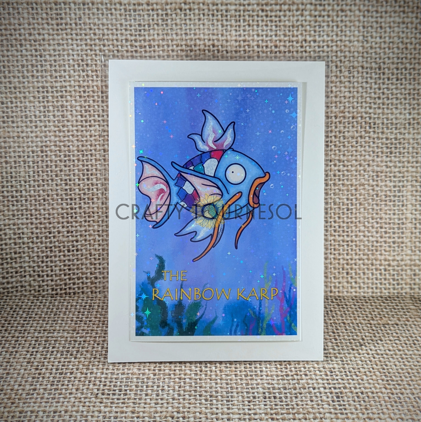 4x6 fanart print inspired by Pokemon and classic children's storybooks. Featured is The Rainbow Karp, a nostalgic mashup of Magikarp and The Rainbow Fish.