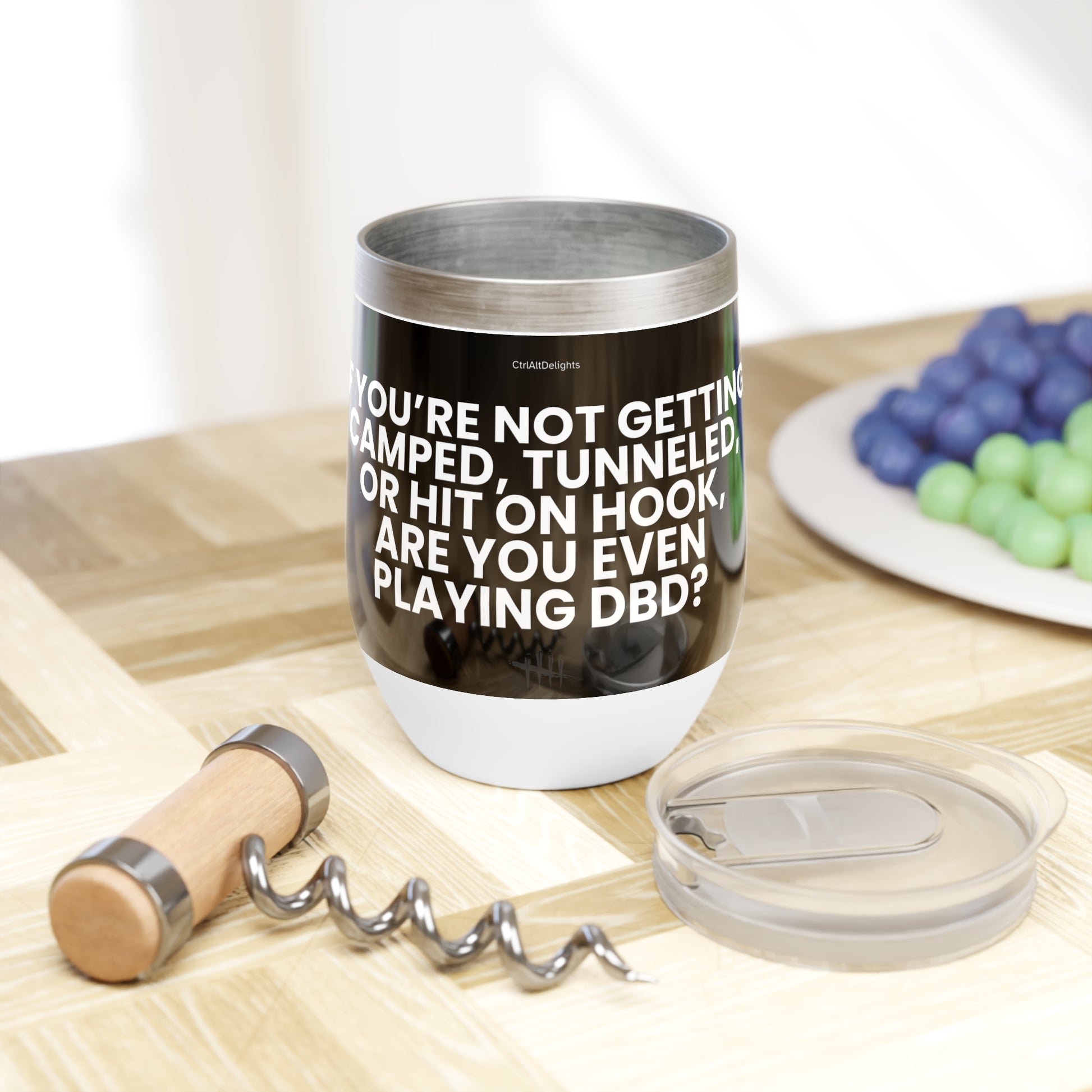 12oz stainless steel tumbler with Dead by Daylight meme text: "If you're not getting camped, tunneled, or hit on hook, are you even playing DBD?" Perfect for gamers and DBD fans.