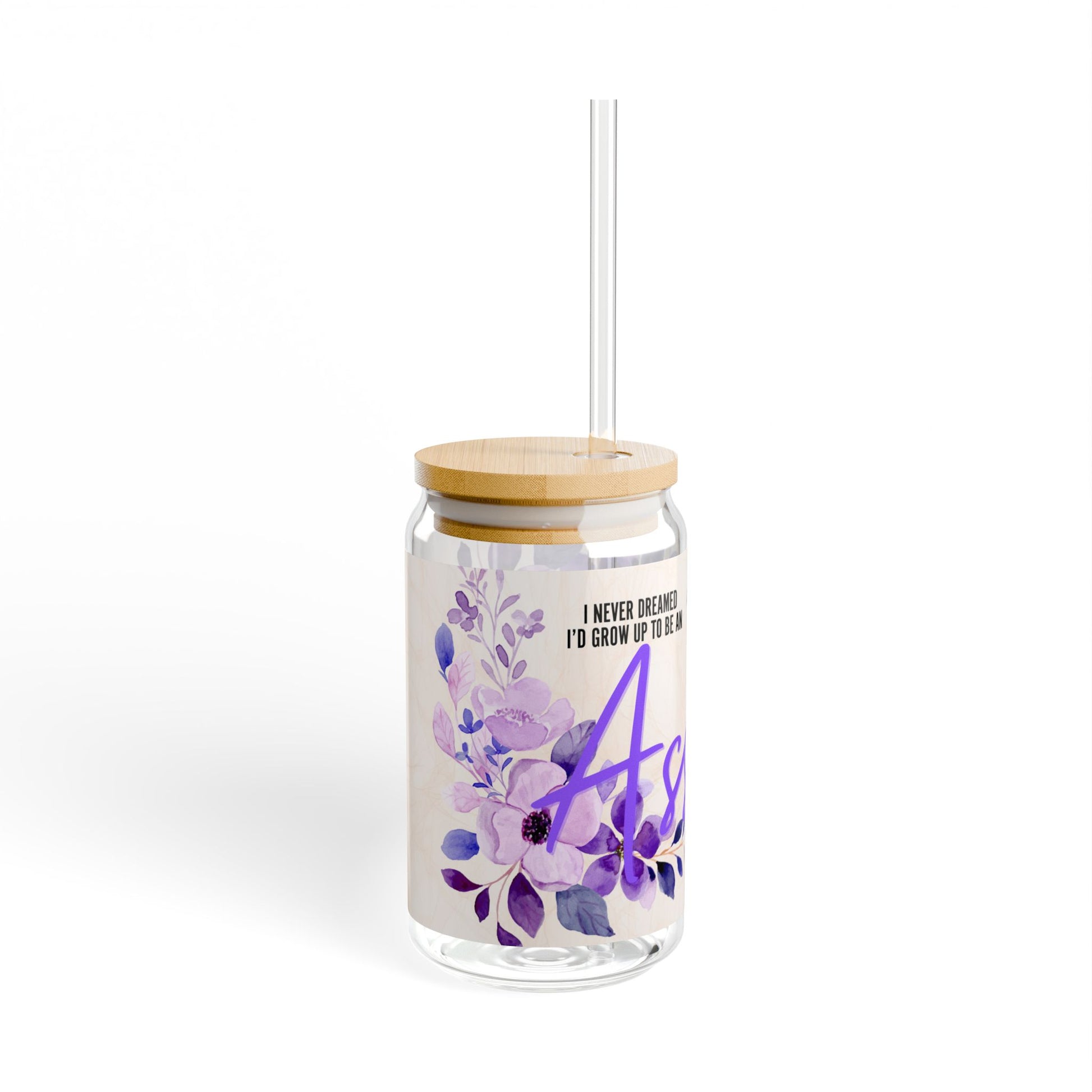 Glass tumbler with bamboo lid and straw featuring the quote 'I Never Dreamed I’d Grow Up to Be an Asshole.' Perfect funny gift for sarcastic friends or as a unique addition to your drinkware collection.