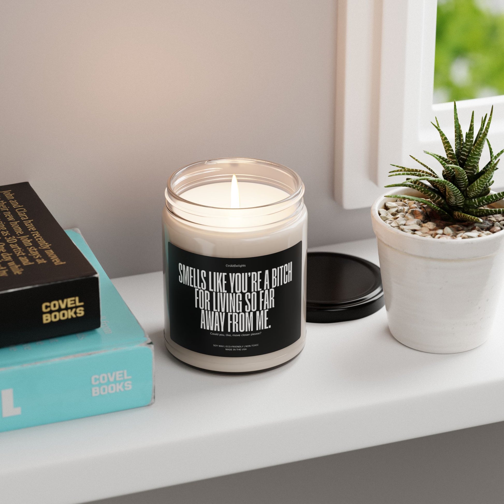 This eco-friendly soy candle features a bold, funny message for long-distance friends: Smells like you’re a bitch for living so far away from me. Perfect sarcastic gift to bring humor and fun to any space.