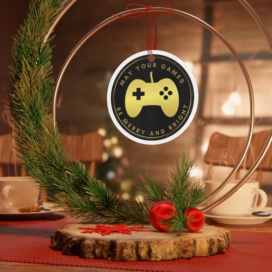 Video game-themed Christmas ornament featuring 'May Your Games Be Merry and Bright' with a gaming controller design, perfect for gamers.