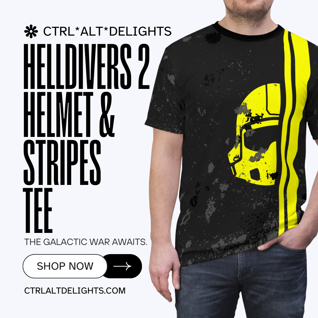 Helldivers 2 unisex t-shirt featuring a bold helmet design with yellow stripes. Perfect for gamers and Helldivers fans looking to show off their love for the game with stylish tactical gear