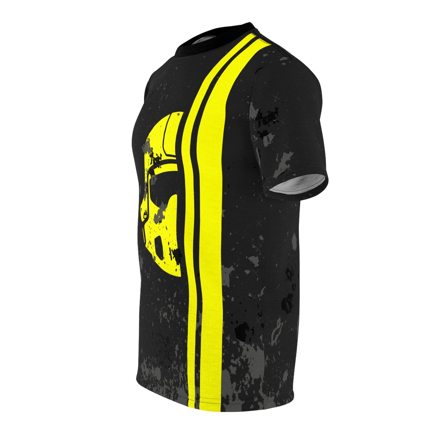 Helldivers 2 unisex t-shirt featuring a bold helmet design with yellow stripes. Perfect for gamers and Helldivers fans looking to show off their love for the game with stylish tactical gear