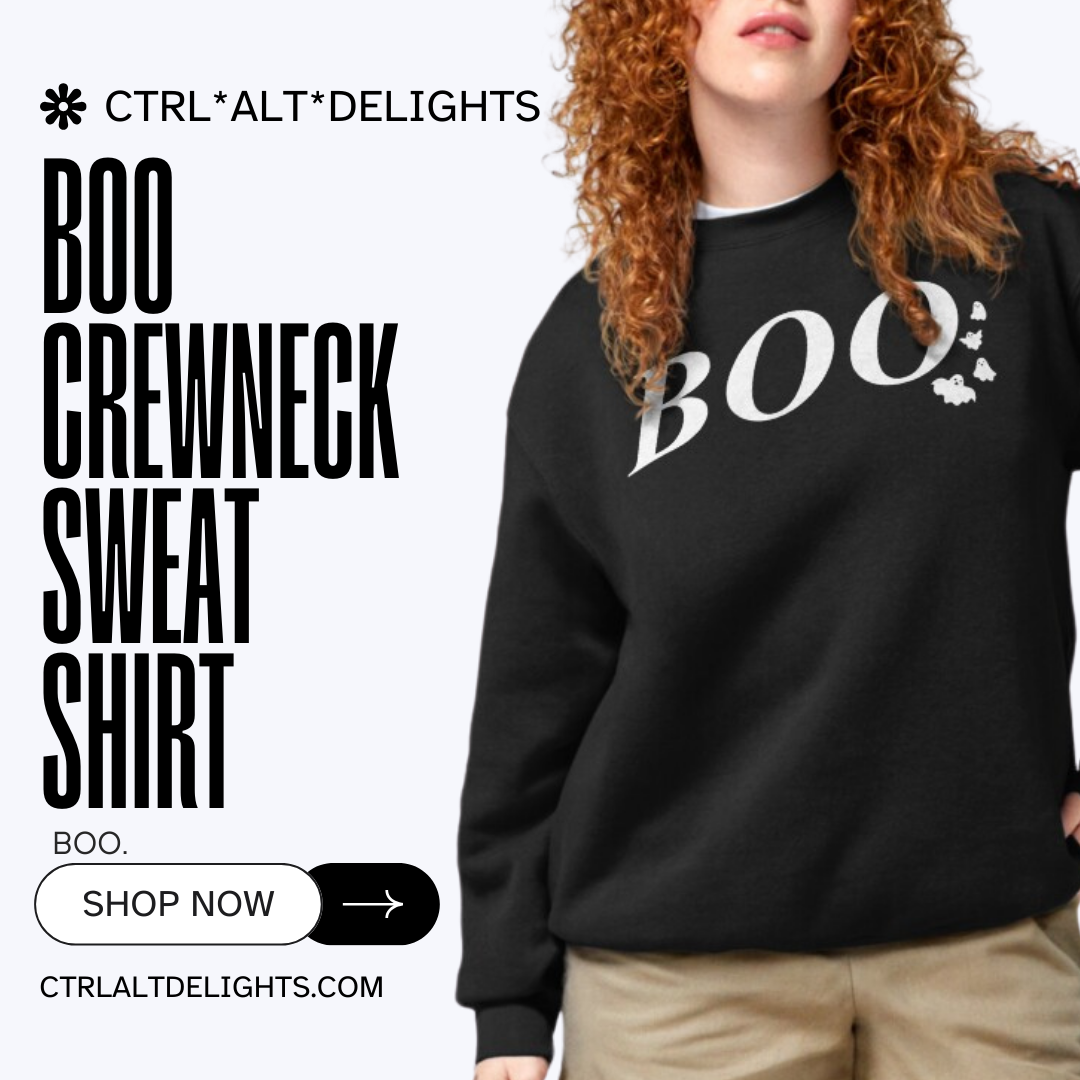 Black sweatshirt with BOO text in white and small ghost graphics, perfect for Halloween. Cozy and fun for fall, great for parties or casual wear, adding a playful touch to your spooky season outfit. Featured on a model.