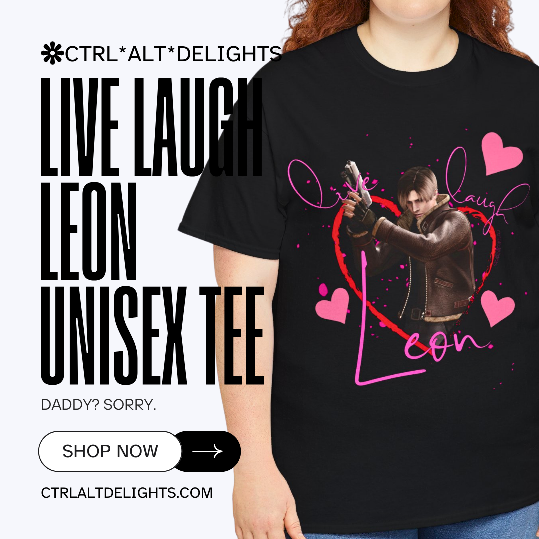 Resident Evil-inspired fan t-shirt featuring Leon S. Kennedy with heart graphics and the text ‘Live Laugh Leon.’ Perfect gift for Resident Evil fans