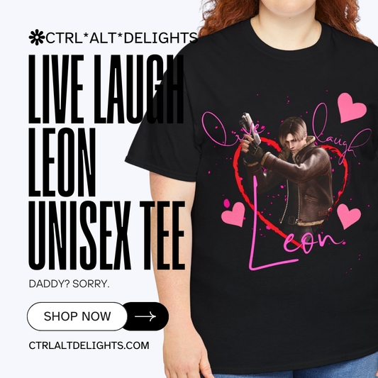 Resident Evil-inspired fan t-shirt featuring Leon S. Kennedy with heart graphics and the text ‘Live Laugh Leon.’ Perfect gift for Resident Evil fans