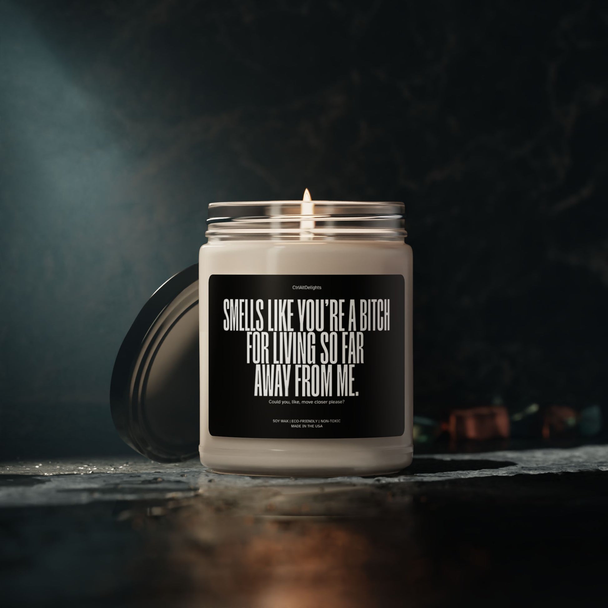 This eco-friendly soy candle features a bold, funny message for long-distance friends: Smells like you’re a bitch for living so far away from me. Perfect sarcastic gift to bring humor and fun to any space.