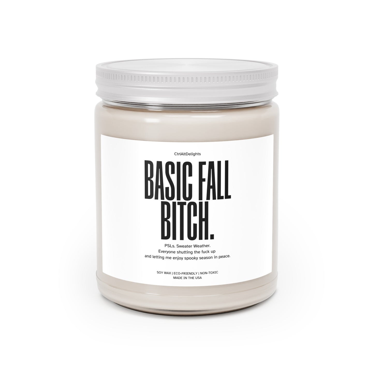 Basic Fall Bitch soy wax candle, featuring a funny and bold label perfect for autumn vibes. The candle boasts eco-friendly and non-toxic ingredients, making it a great gift for PSL lovers and those enjoying cozy fall vibes.