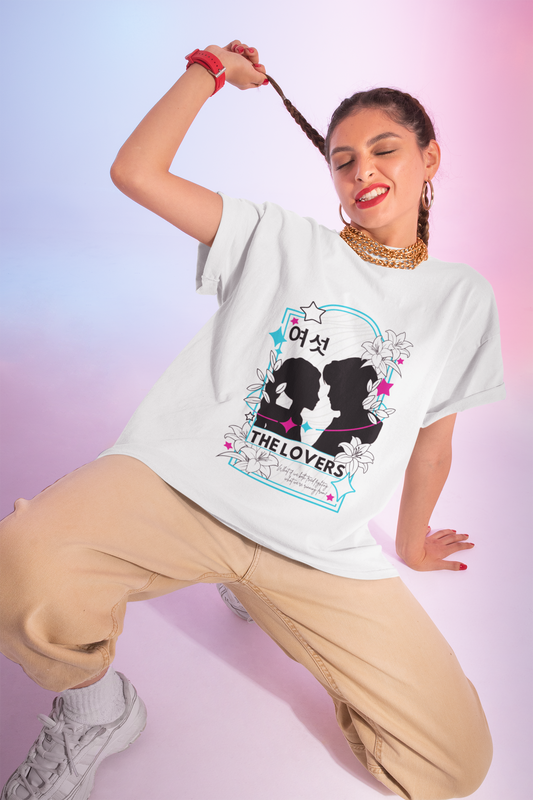 KPOP-inspired Lovers tarot card t-shirt featuring Rumi and Jinu in a mystical, romantic design. Perfect for fans of KPOP, tarot, and unique fashion