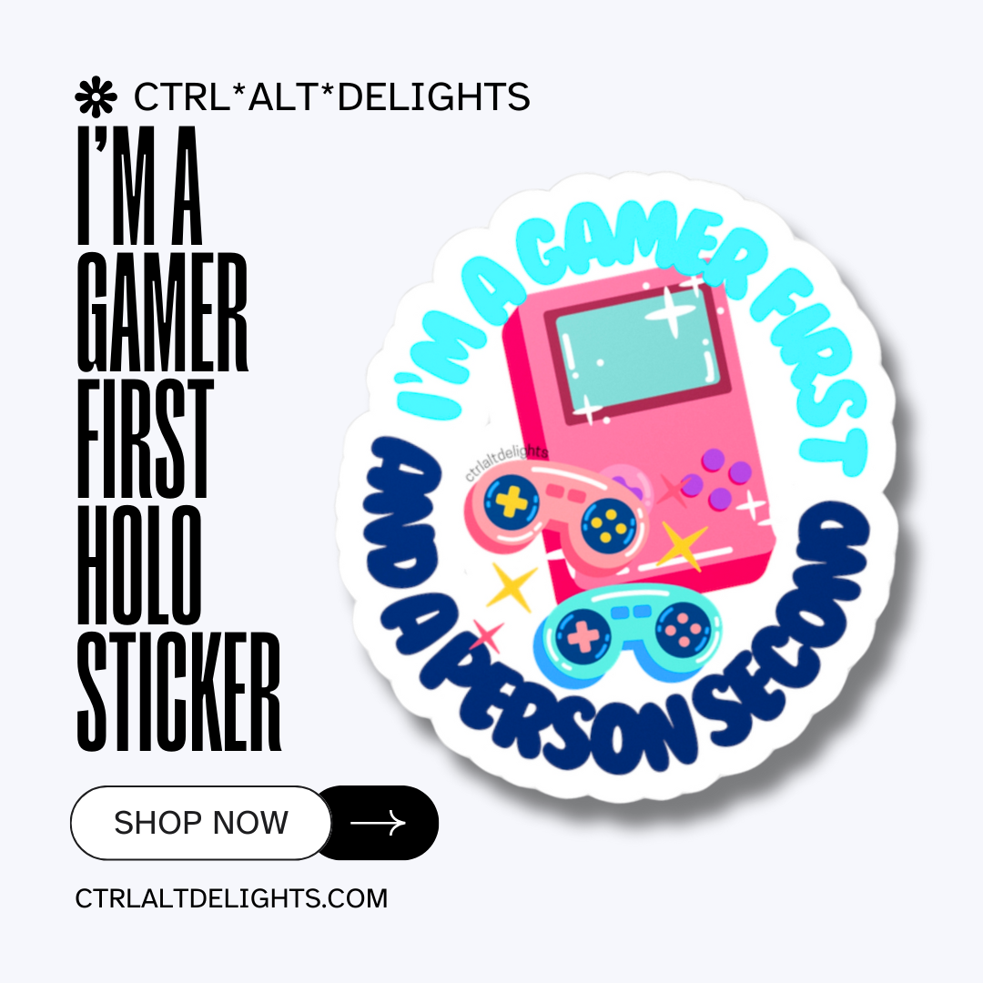 Colorful gaming sticker featuring a playful "I'm a Gamer First, Person Second" design. Perfect for personalizing laptops, water bottles, and gaming consoles. Great gift for gamers and geeks alike!