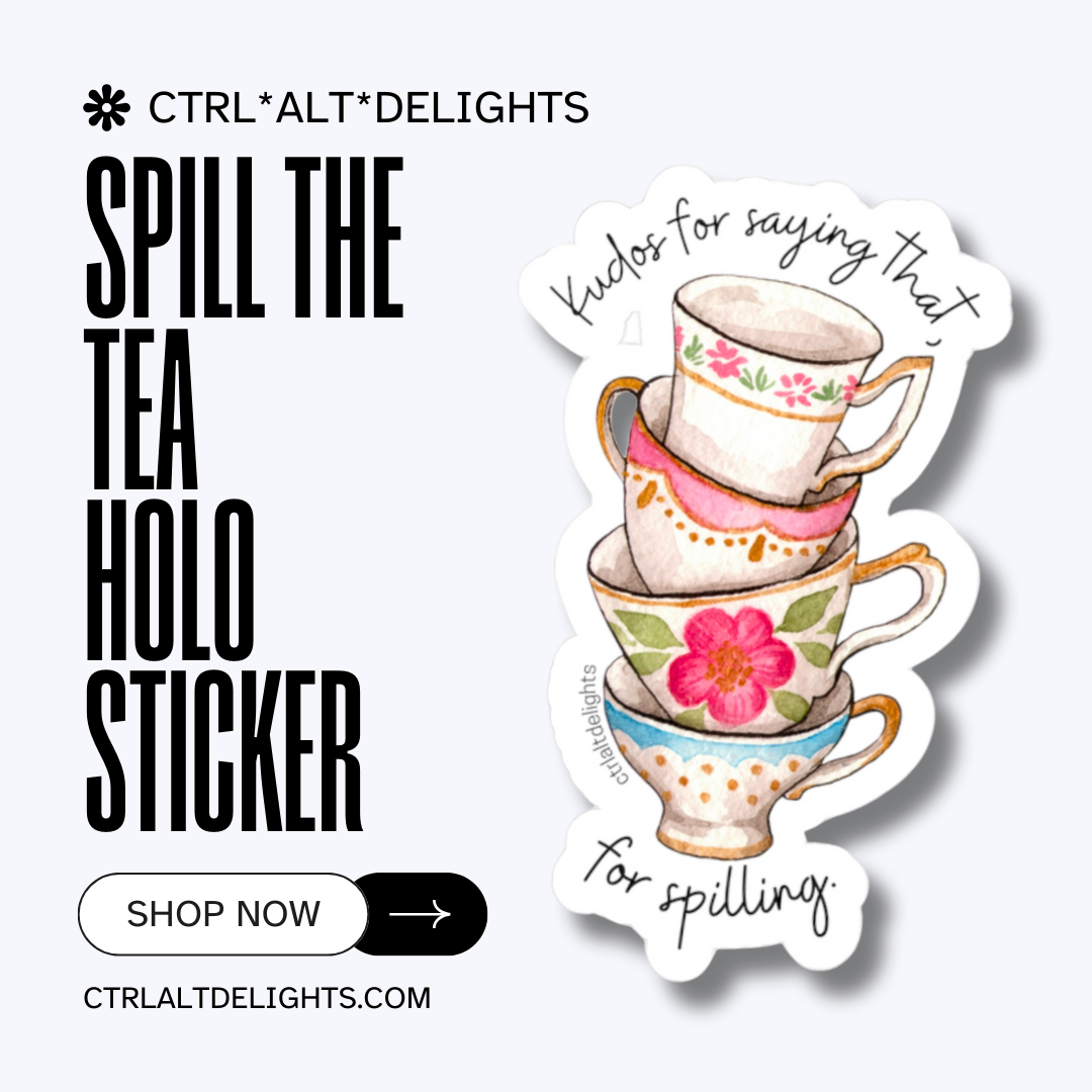 Whimsical vinyl sticker featuring a stack of colorful tea cups with the phrase Kudos for saying that. Perfect for tea lovers and those who enjoy spilling the tea. Great for decorating laptops or journals