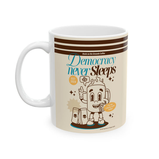 Helldivers 2 themed coffee mug featuring 'Democracy Never Sleeps' design. Perfect for fans of the game, this mug makes a fun, unique gift. Inspired by Liberty Latte, bringing humor and energy to your morning.