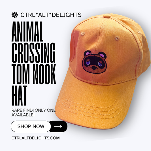 Tom Nook inspired embroidered dad hat featuring the iconic character from Animal Crossing, perfect for gamers. The orange cap with detailed stitching makes a fun accessory for fans of the beloved series.