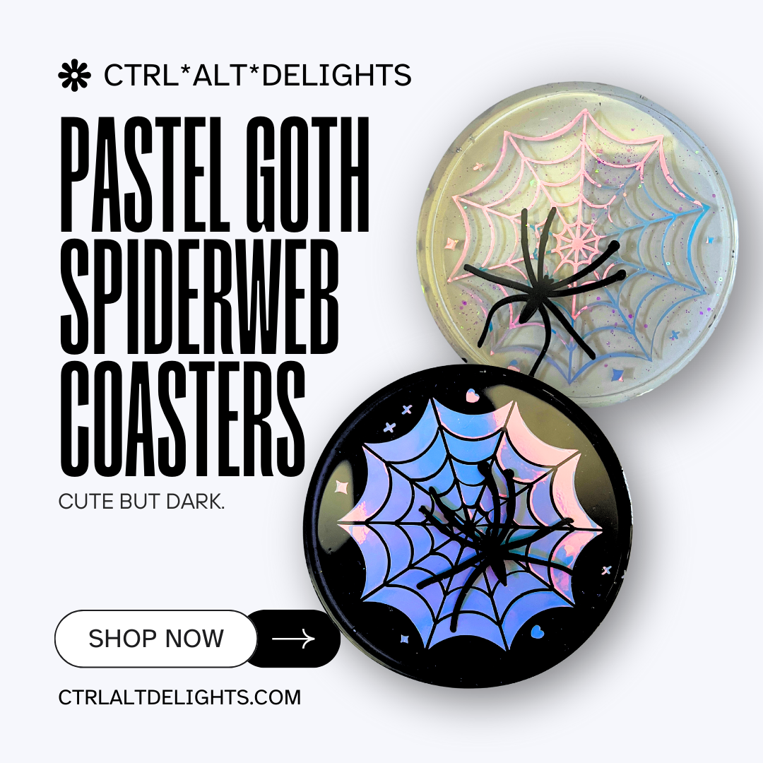 Pastel goth spiderweb coasters featuring a handmade resin design with intricate spiderwebs. Perfect for adding a dark, spooky aesthetic to any home. These unique coasters blend pastel colors with a goth twist, great for goth or Halloween-themed decor