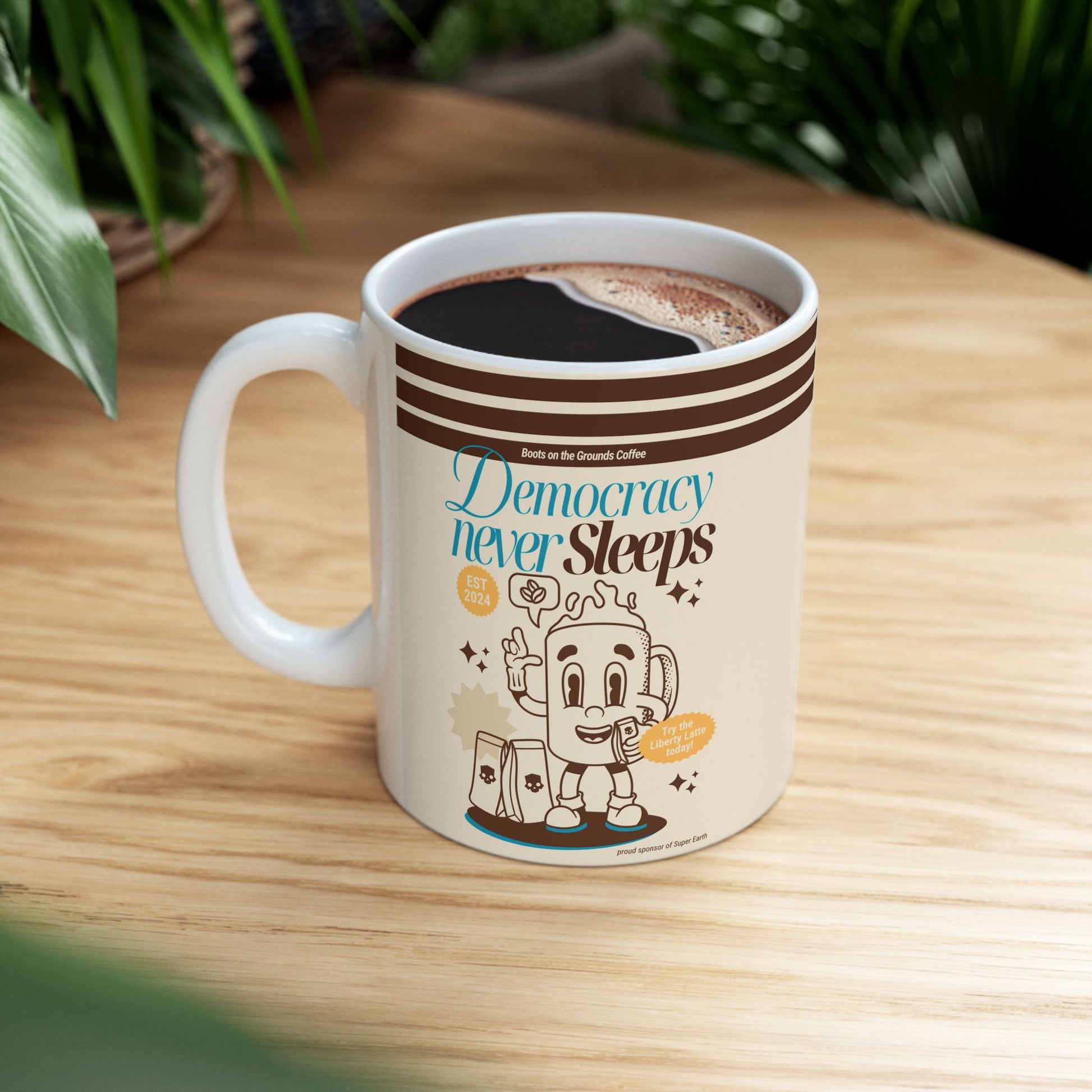 Helldivers 2 themed coffee mug featuring 'Democracy Never Sleeps' design. Perfect for fans of the game, this mug makes a fun, unique gift. Inspired by Liberty Latte, bringing humor and energy to your morning.