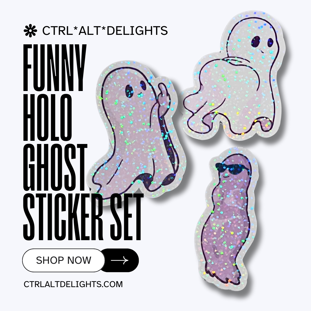 Holographic ghost sticker set featuring three adorable and sassy ghost designs. Perfect for decorating laptops, water bottles, or journals. Add a spooky yet cute touch to your accessories.