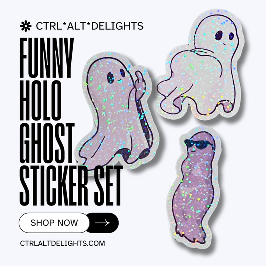 Holographic ghost sticker set featuring three adorable and sassy ghost designs. Perfect for decorating laptops, water bottles, or journals. Add a spooky yet cute touch to your accessories.