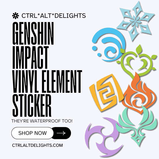 Vinyl stickers featuring Genshin Impact element symbols. Waterproof and durable, ideal for decorating laptops, water bottles, and notebooks. A perfect gift for Genshin Impact fans. Customize your gear with style.