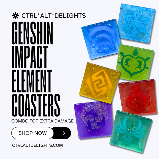 Handmade Genshin Impact element-themed resin coasters featuring designs of all seven elemental powers. Perfect gift for fans of the game or as unique decor for gamers and collectors alike.