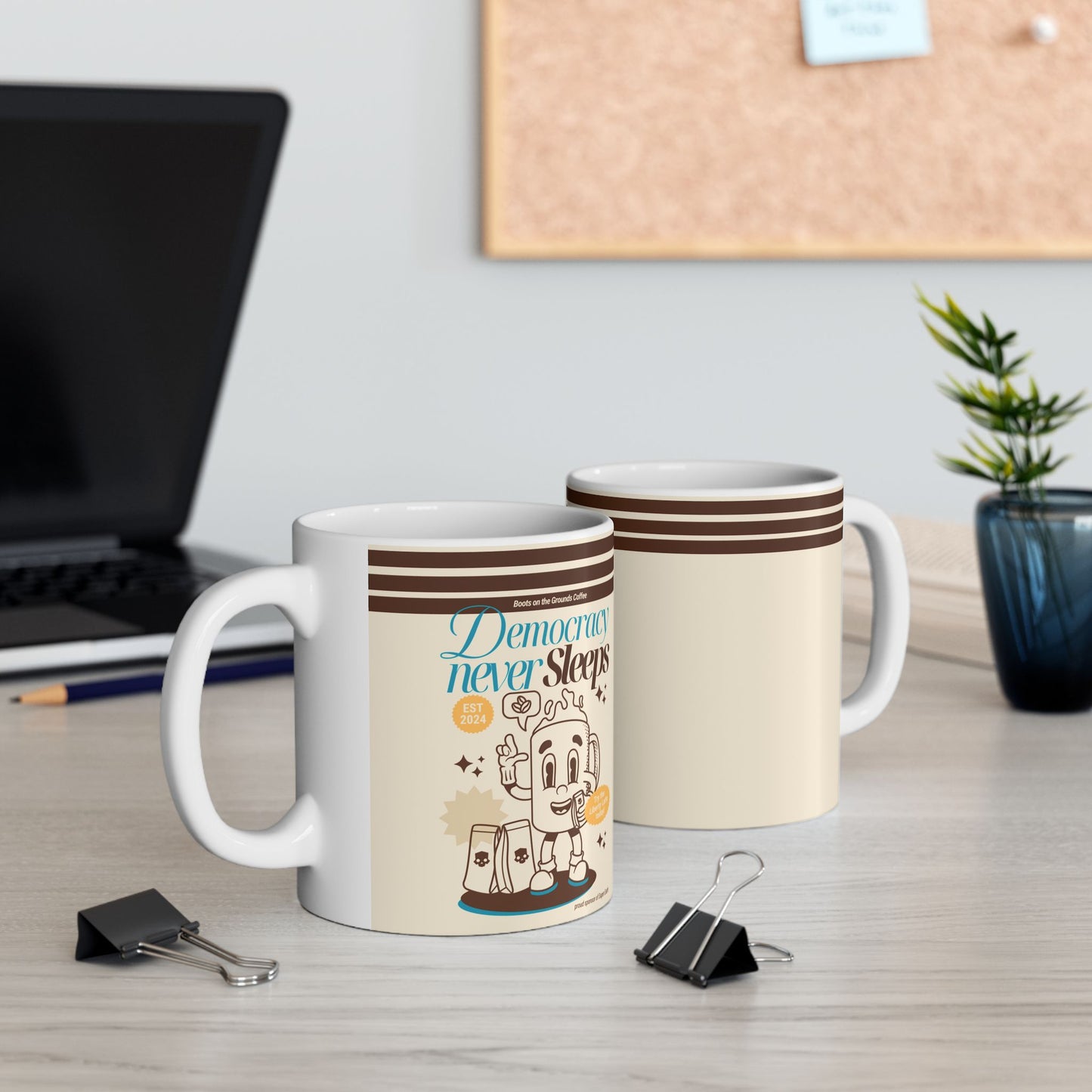 Helldivers 2 themed coffee mug featuring 'Democracy Never Sleeps' design. Perfect for fans of the game, this mug makes a fun, unique gift. Inspired by Liberty Latte, bringing humor and energy to your morning.