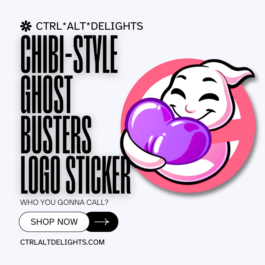 A holographic vinyl sticker featuring a playful ghost hugging a purple heart, inspired by Ghostbusters. Perfect for laptops, water bottles, and notebooks.