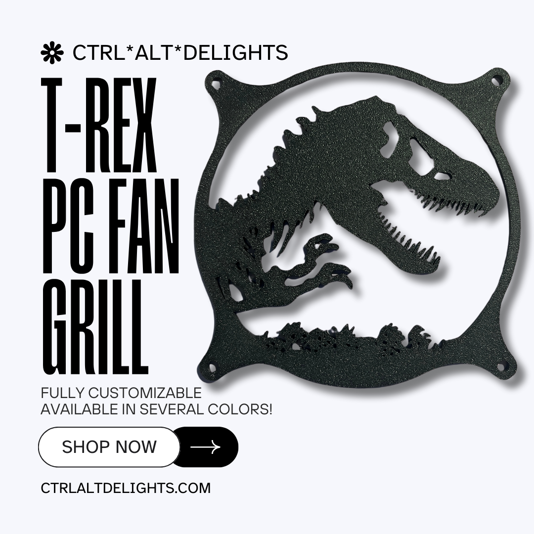 This 3D printed T-Rex dinosaur fan grill cover is perfect for adding a prehistoric touch to your gaming setup. Designed to fit PC fan grills, it adds protection and style. Ideal for dinosaur and gaming enthusiasts alike.