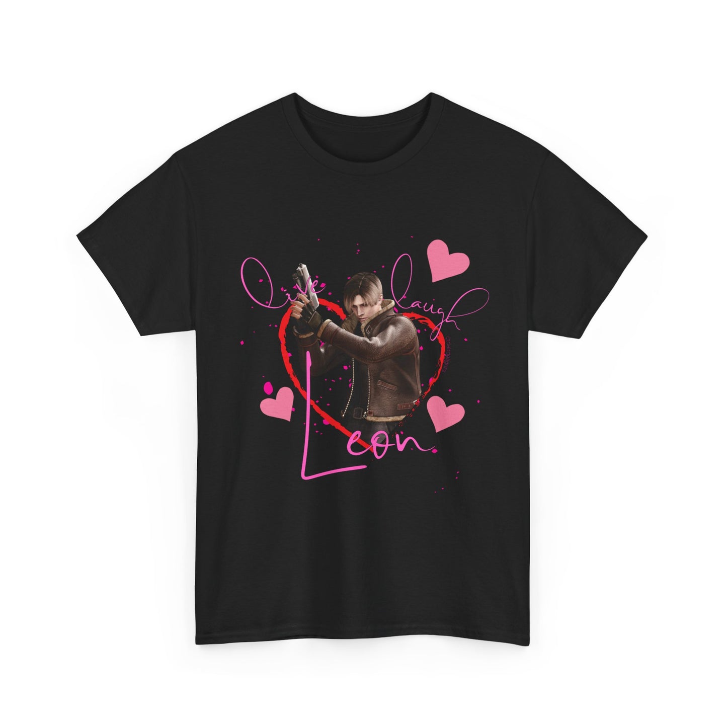 Resident Evil-inspired fan t-shirt featuring Leon S. Kennedy with heart graphics and the text ‘Live Laugh Leon.’ Perfect gift for Resident Evil fans