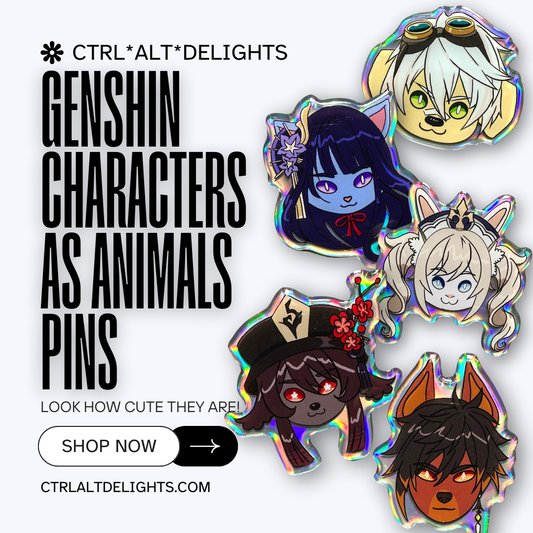 Holographic pins featuring Genshin Impact characters reimagined as cute animals. Includes fan-favorite characters transformed into adorable animal forms with shiny, colorful details. Perfect for fans and collectors.