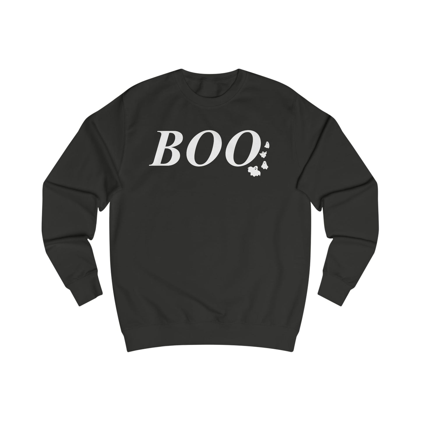 Black sweatshirt with BOO text in white and small ghost graphics, perfect for Halloween. Cozy and fun for fall, great for parties or casual wear, adding a playful touch to your spooky season outfit.